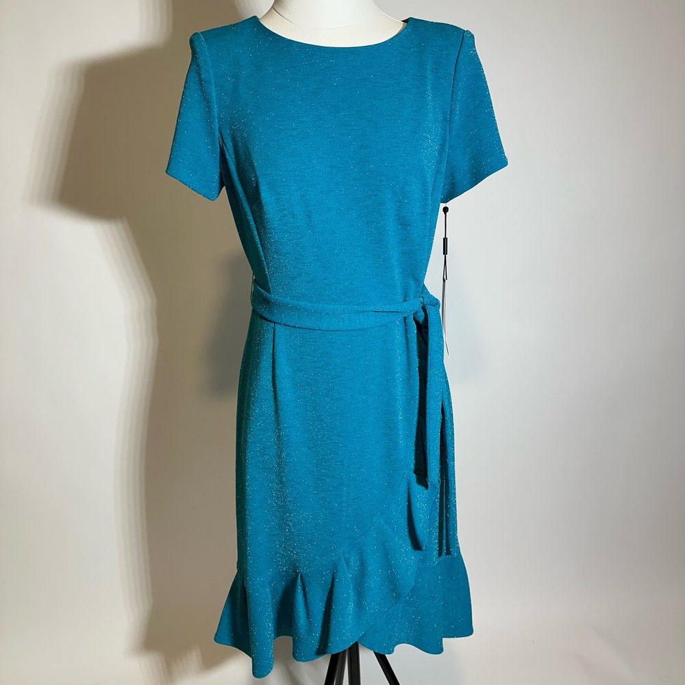 NWT Calvin Klein Blue Sparkle Ruffle Short Sleeve Fit Flare Dress Womens Size 10